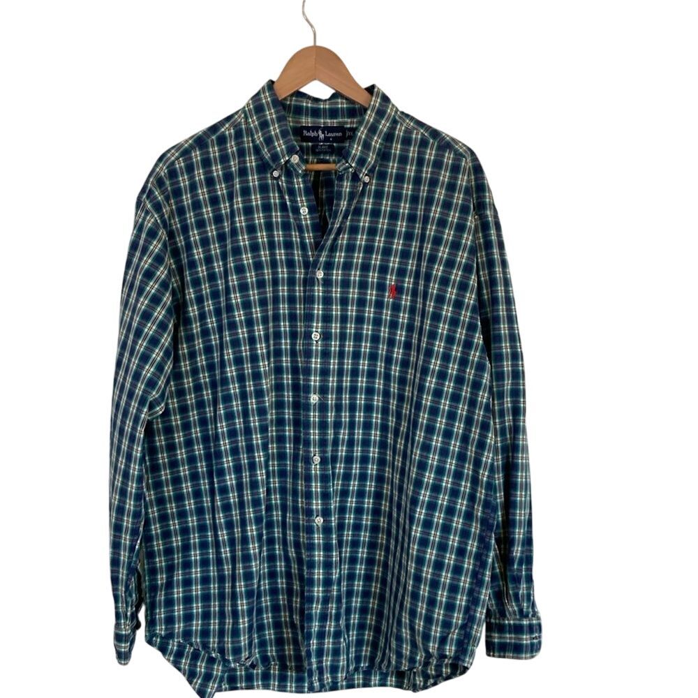 Ralph Lauren Mens Blake Button Down Windowpane Plaid Shirt Size XL Blue Green